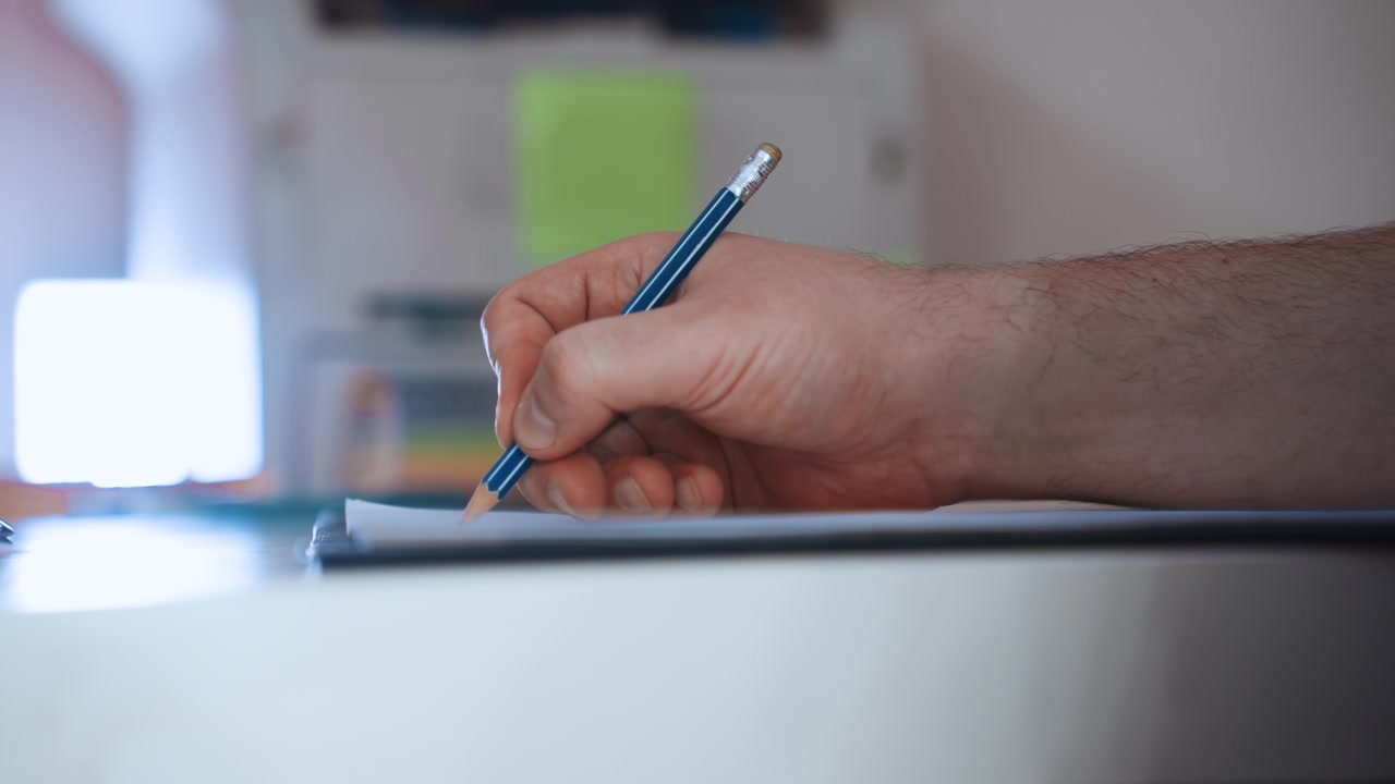 Paramedic hand signing medical form clipboard, closeup of pen and wrist with blue ink ballpoint, focused recordkeeping and documentation of assessment, office light and blurred background, formal