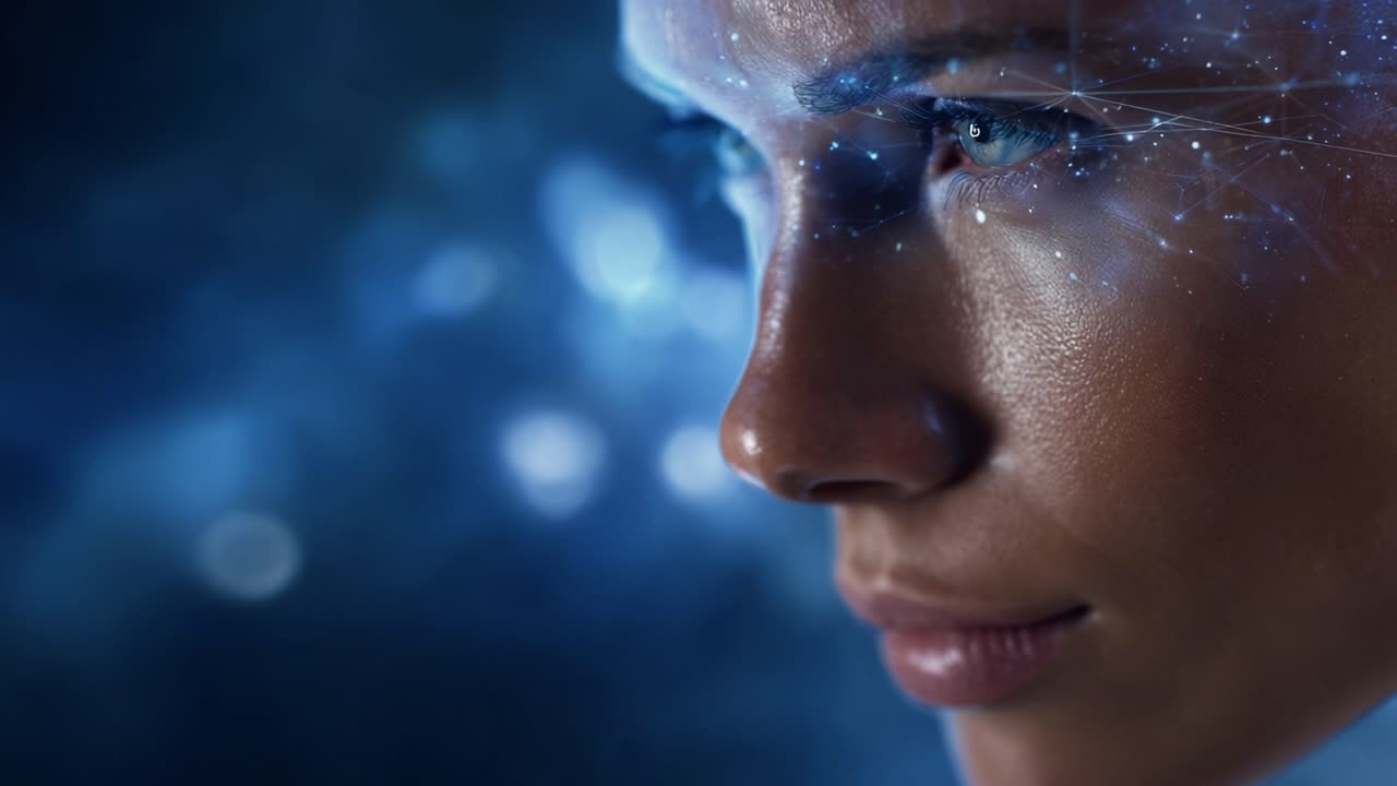 Transcendent Beauty: A Close-Up of a Woman’s Face Enhanced with Electrifying Blue Neural Patterns and Fluorescent Lights Against a Cosmic Background