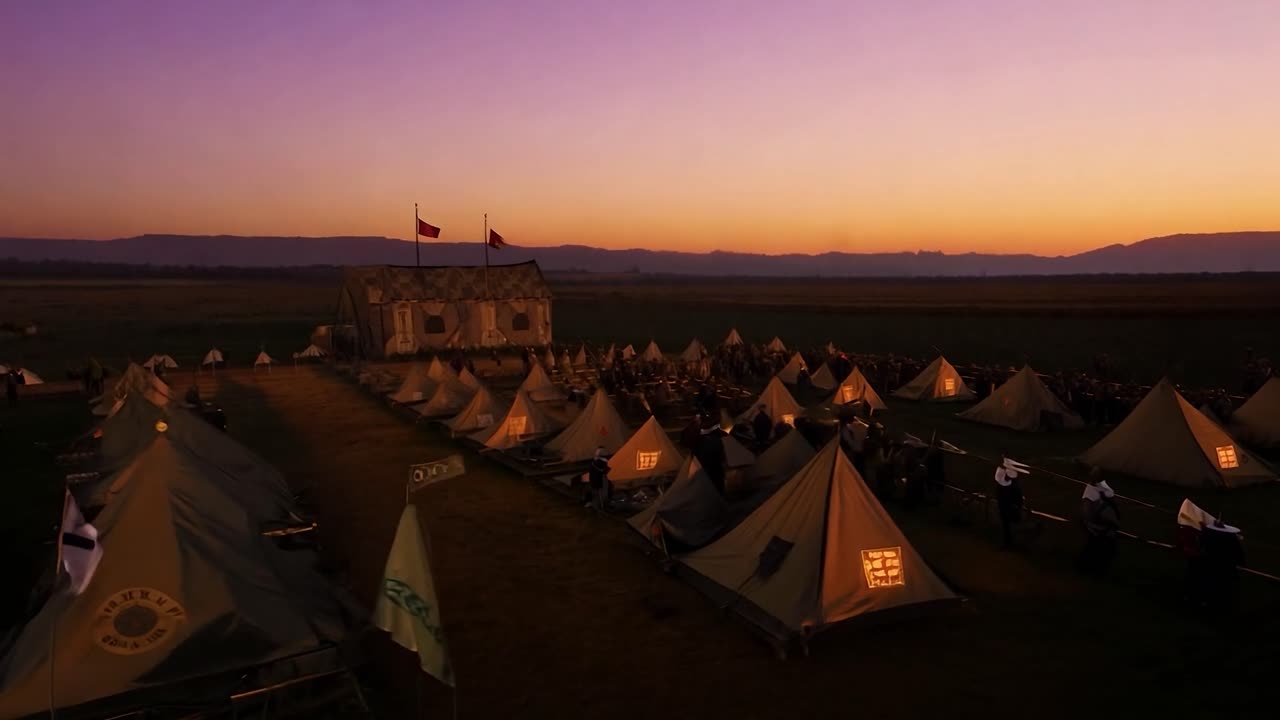 un gran campamento militar al atardecer