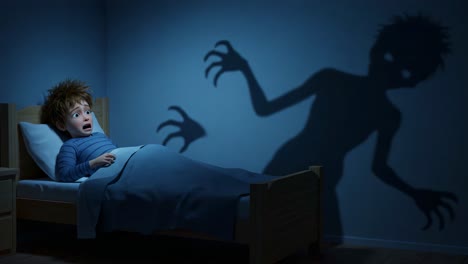 the haunting shadows: a young boy's nighttime terror and curiosity as he encounters a sinister shadow creature in his bedroom while lying in bed