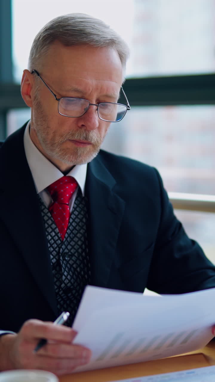 Portrait of senior businessman in formal costume. Mature man sitting at the table in front of laptop and working with papers in office near the window. Vertical video
