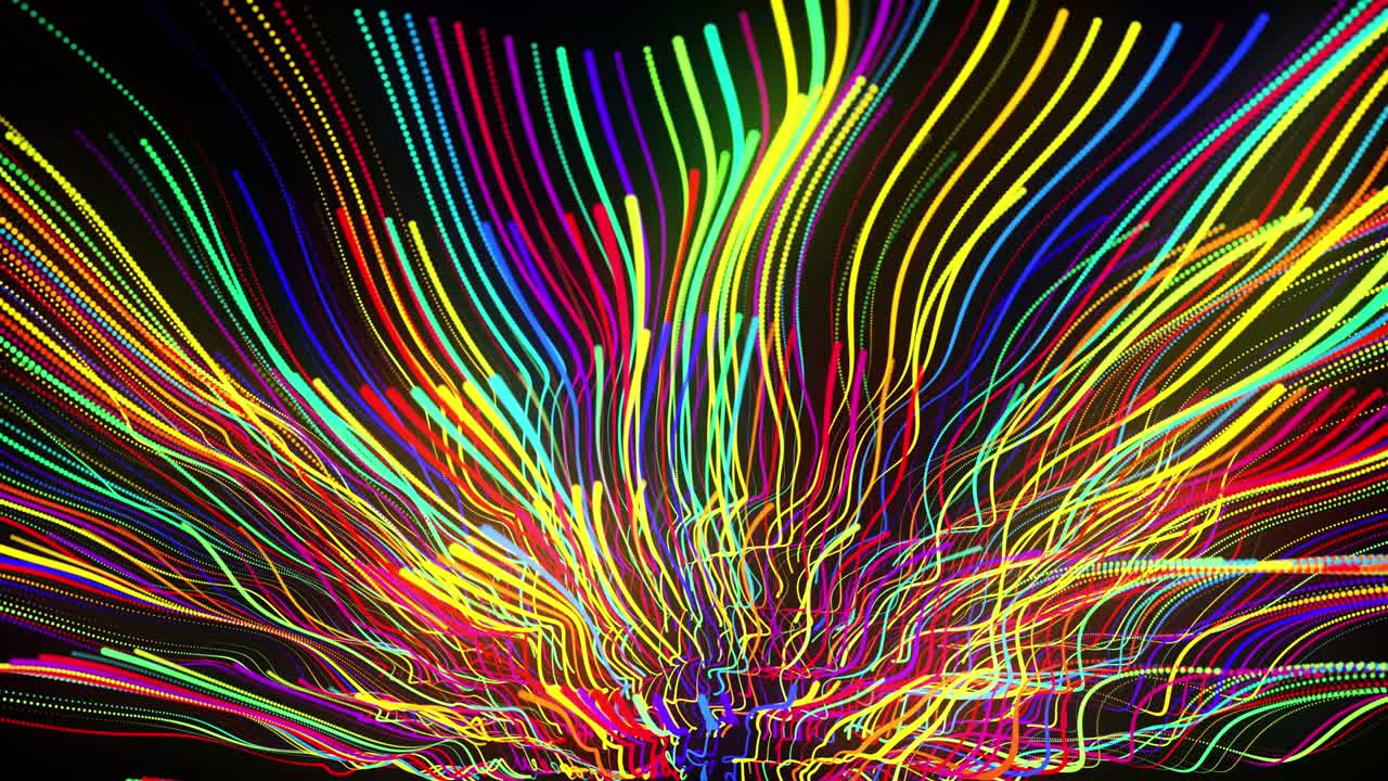 다채로운 입자 및 부드러운 애니메이션 카메라를 가진 축제 루프: 3d 공간에서 곡선 파동 선을 따라 줄지어있는 반이는 입자를 가진 추상적인 3d bg.