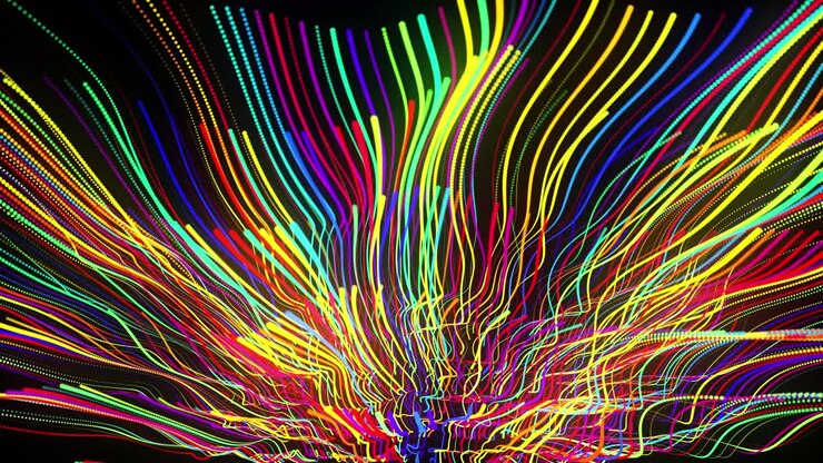 Festive vj loop with multicolored particles and smooth animated camera. Abstract 3d bg with glow particles lined up in a row along curved waving lines in 3d space. Motion design background.