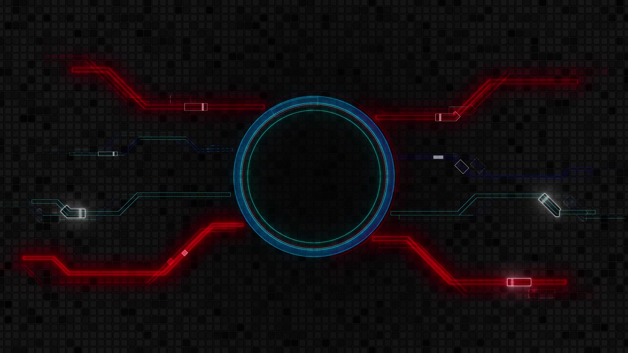 Red blue cyber circuit visual with central target ring black grid surface and glowing electronic