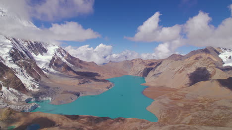 world's highest altitude lake in nepal annapurna region landscape, art painting-like drone shot, clouds, blue sky and lakes, mountains, snow, hills, manang tourism 4k