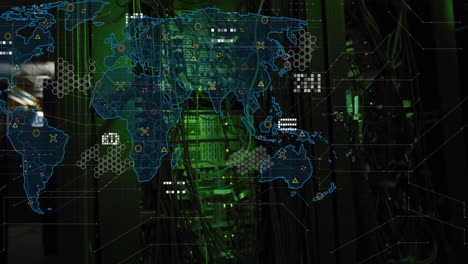 world map with data points and network connections animation over server room