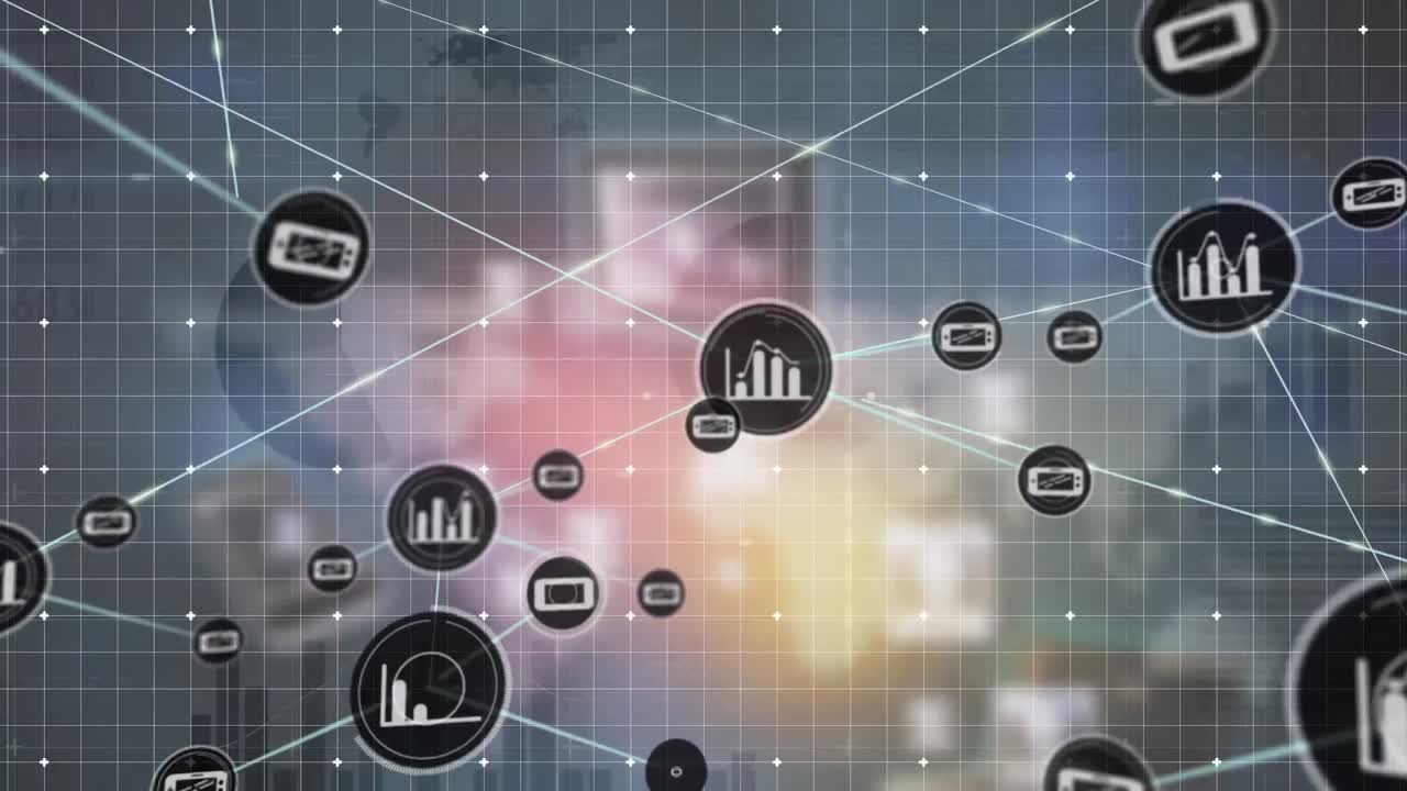 통계 데이터 처리에 대한 그리드 네트워크를 통해 디지털 아이콘 네트워크의 애니메이션