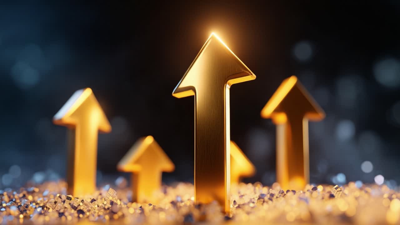 Golden arrows rise from glittering ground. Light gleams off their polished surfaces. Central arrow shines brightest, tallest. They symbolize growth and progress. Perfect for business, finance