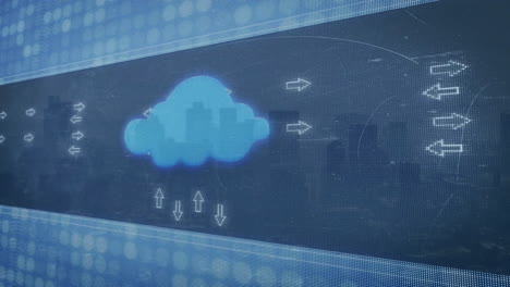 cloud computing data flow animation over cityscape with arrows
