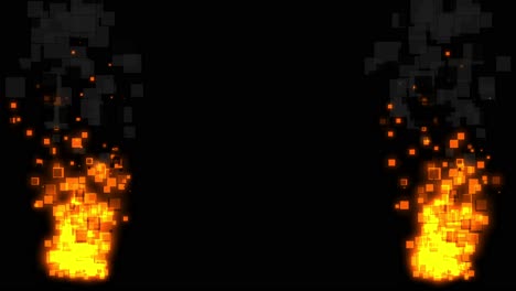 Kleine-Pixelfeuer-Mit-Grauem-Rauch,-Der-Auf-Beiden-Seiten-Des-Rahmens-Auf-Schwarzem-Hintergrund-Brennt,-Animation-Im-2D-Pixelstil