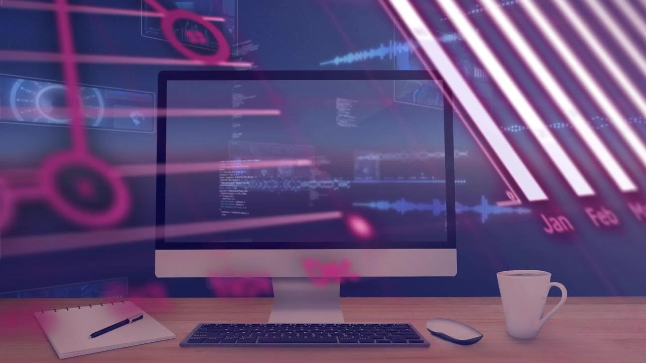 Animation of financial data processing over person using laptop
