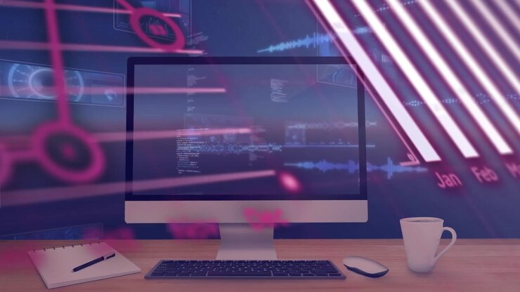 Animation of financial data processing over person using laptop