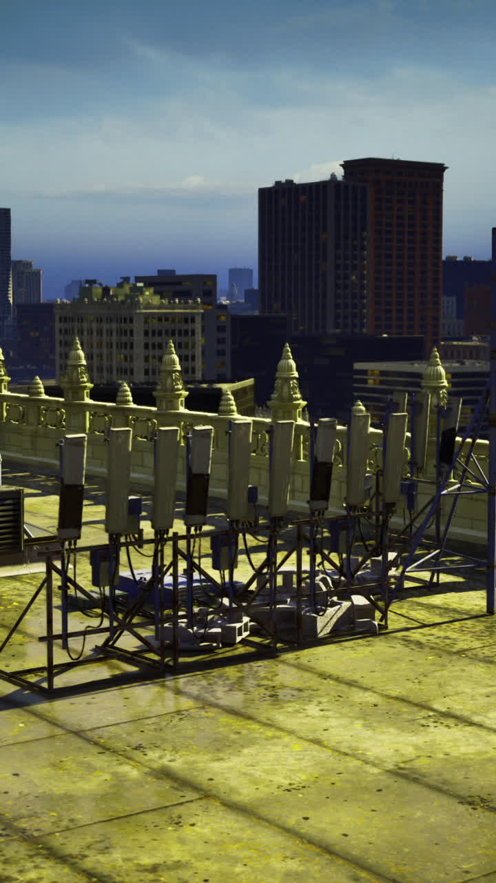 Urban rooftop view with equipment and city skyline during twilight hours