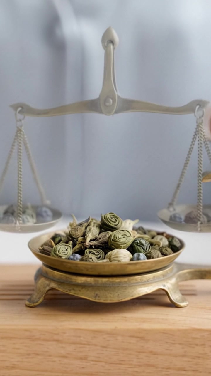 Misurazione precisa di ingredienti erboristici essiccati utilizzando un'antica bilancia a piatto in un ambiente domestico curato, per la preparazione del tè ed esperienze culinarie.