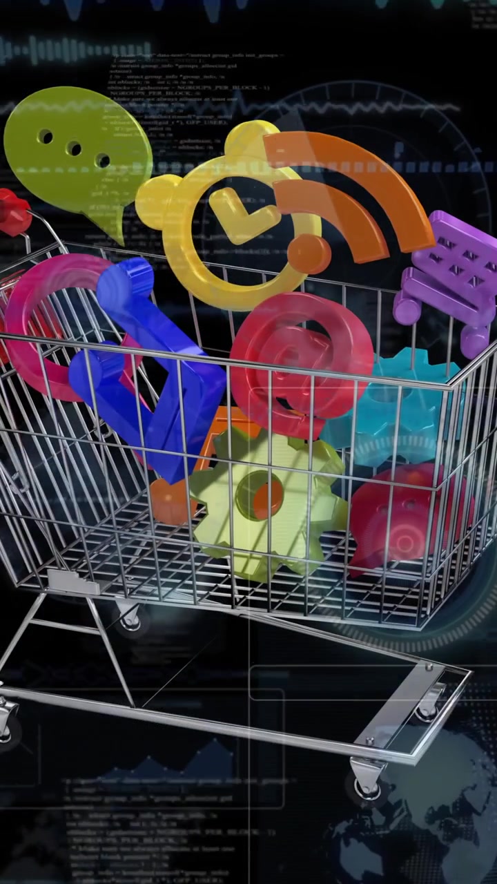 Carrello della spesa animato che si riempie di icone digitali colorate.