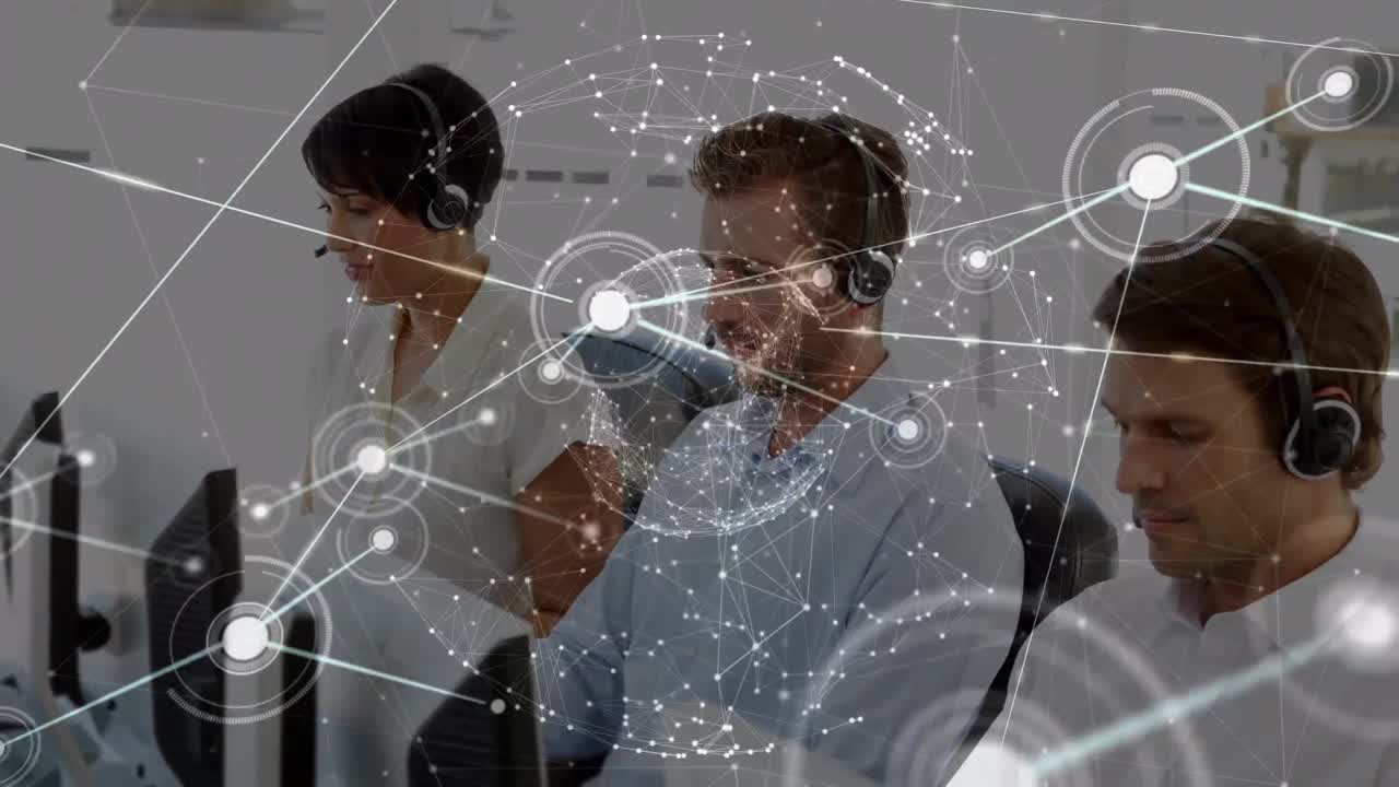 Animation of network of connections with icons over diverse business people in office