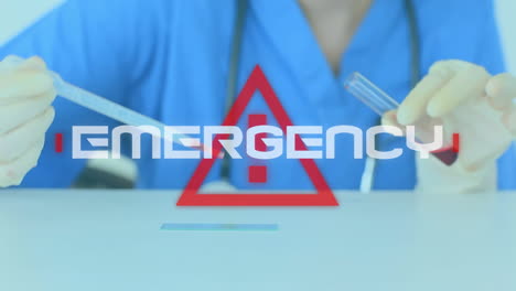 animation depicts emergency sign and covid-19 spread with a scientist in a lab.