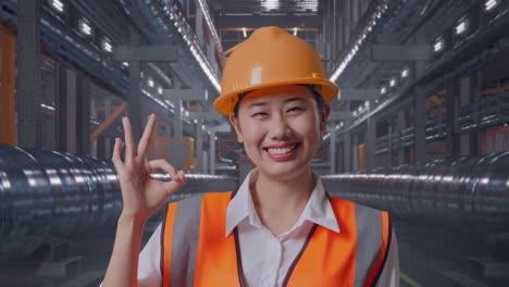 Close Up Of Asian Female Engineer With Safety Helmet Smiling And Showing Okay Gesture To The Camera While Standing With Metal Pipes