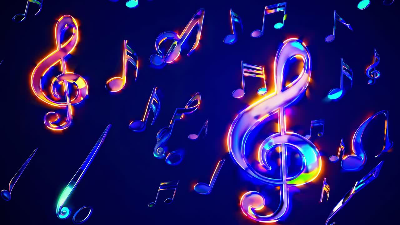 Glowing musical notes and treble clef are floating on a dark blue background, creating a vibrant and musical atmosphere, perfect for music related projects