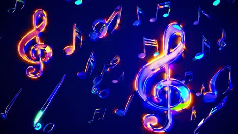 glowing musical notes and treble clef are floating on a dark blue background, creating a vibrant and musical atmosphere, perfect for music related projects