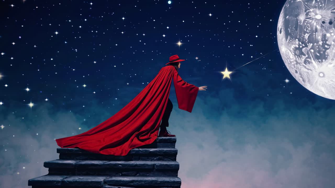 밤에 별을 향해 손을 는 마법사