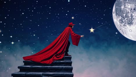 wizard reaching for a star at night