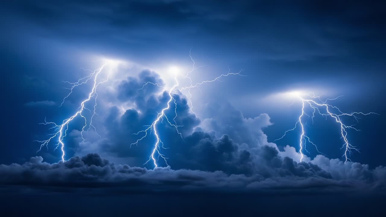 Dramatic Display of Thunderstorms with Striking Lightning Illuminating Dark Clouds in a Night Sky, Capturing Nature's Raw Power and Beauty