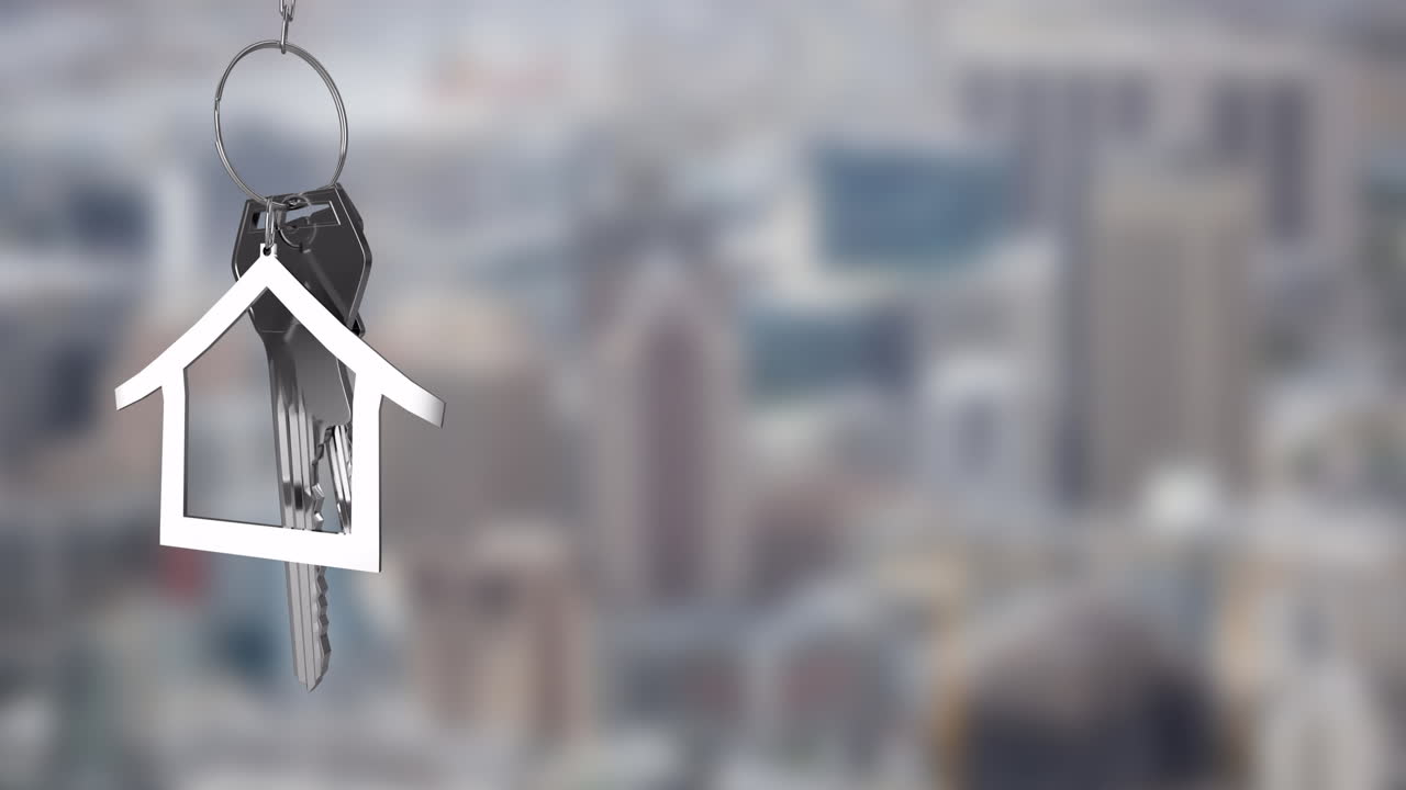 Animazione di una chiave di casa argentata e un portachiavi su un paesaggio urbano