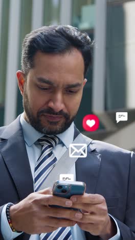 vertical video of businessman standing outside city offices looking at mobile phone with motion graphics emojis showing multiple messaging and social media notifications