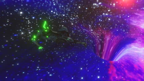 abstract composition with black hole concept. an alien character is drawn into a black hole with a moving cosmic texture. seamless loop 3d render