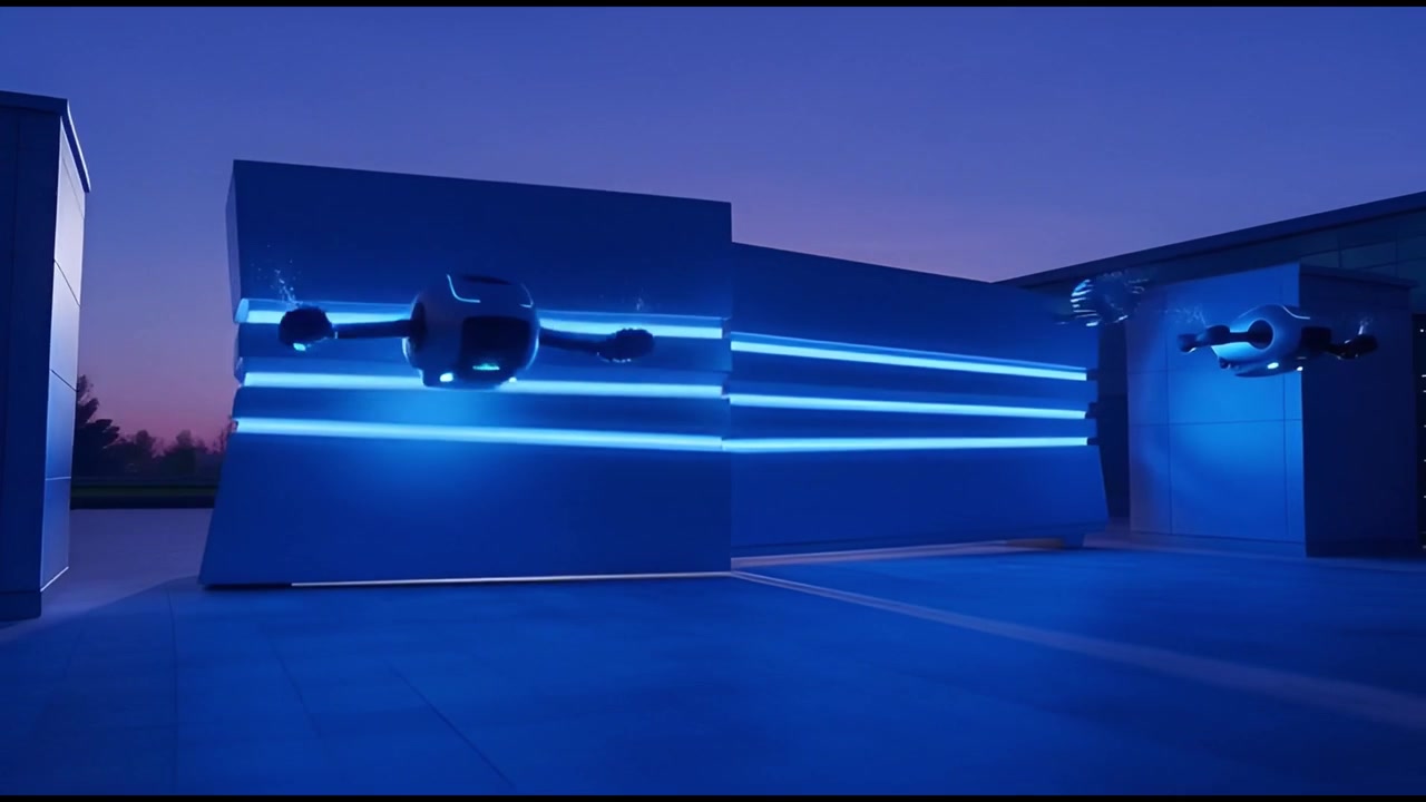 Droni futuristici che atterrano in una moderna struttura illuminata di notte