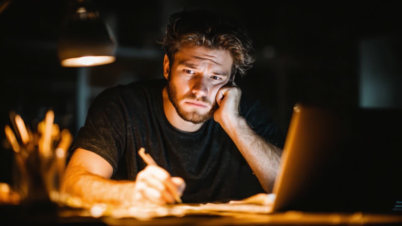 A Frustrated Young Man Deep in Thought While Working Late at Night at His Desk, Struggling with Assignments and Overwhelmed by Stressful Tasks and Responsibilities