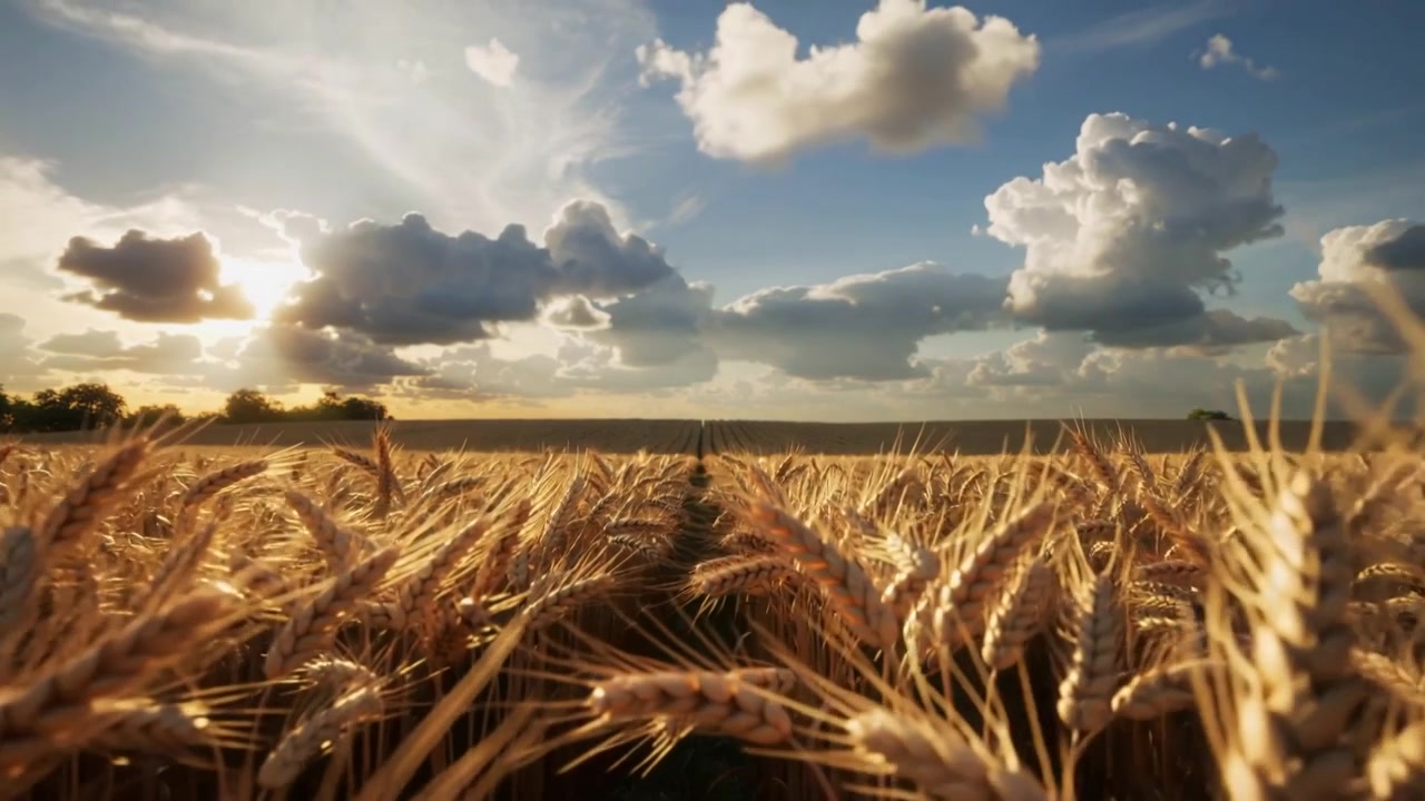 Gliding camera starting along center path at golden hour, revealing sunlit wheat, treeline, clouds
