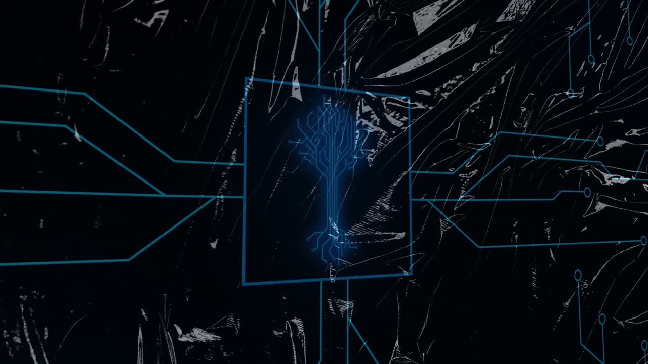 Animation of glowing blue lines forming digital network on dark textured background