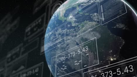 Animation-Von-Diagrammen,-Sich-ändernde-Zahlen,-Ladebalken,-Kreise-über-Dem-Globus-Vor-Abstraktem-Hintergrund