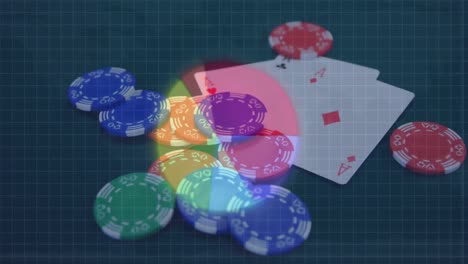 animation of casino chips falling on playing cards over a world map