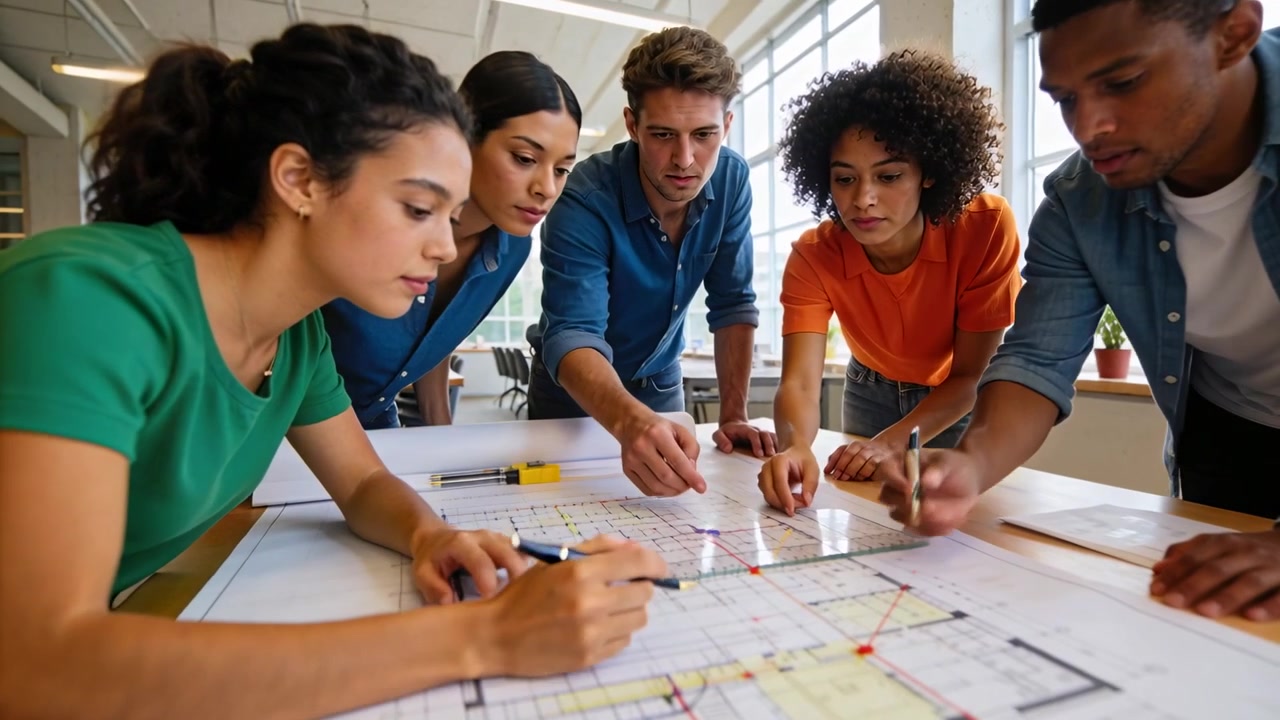Reacting to team pointing, marking woman in green leaning over plan at design hub, guiding changes