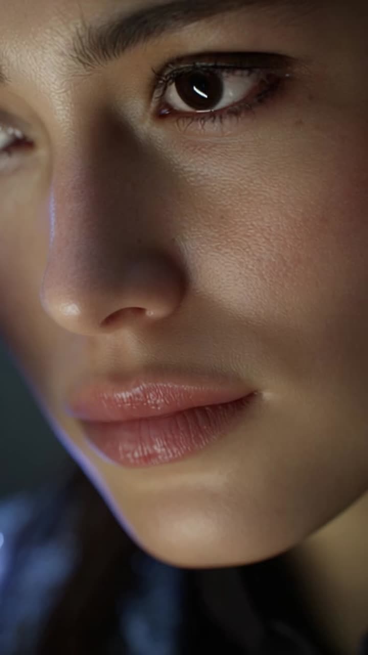 Close-up Portrait of a Woman's Face Capturing Detailed Expressions and Unique Features in Two Frames of a Video