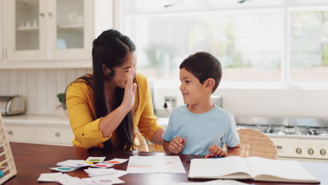 homework, mother and son with education