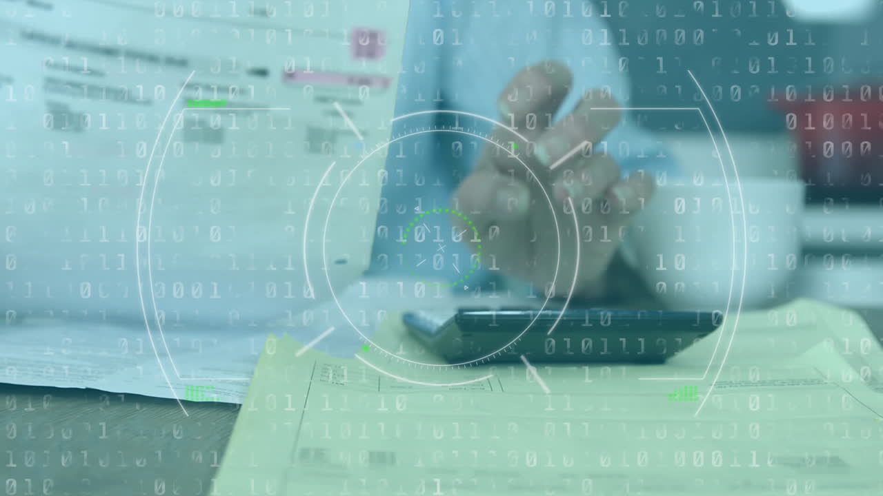 animación de un círculo giratorio con números flotando sobre la persona usando calculadora