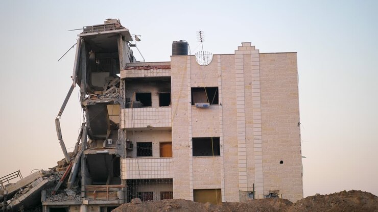 Plano fixo através de uma parede quebrada revela vários edifícios severamente danificados em Gaza.