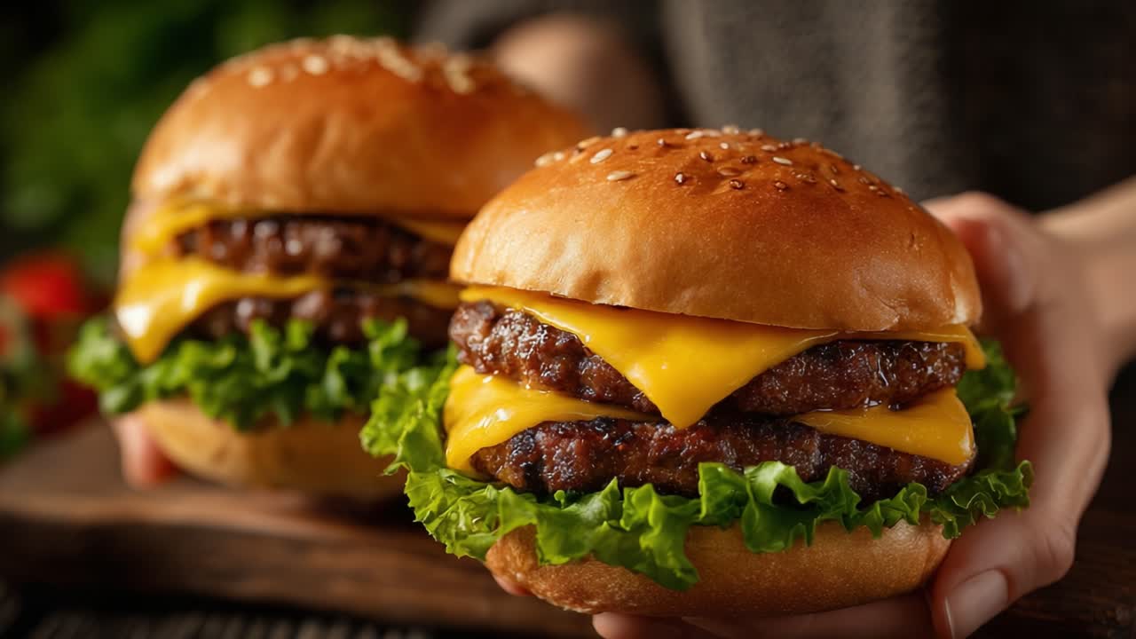 Delicious and Juicy Double Cheeseburgers with Fresh Lettuce and Melted Cheese Perfectly Assembled for a Mouthwatering Experience
