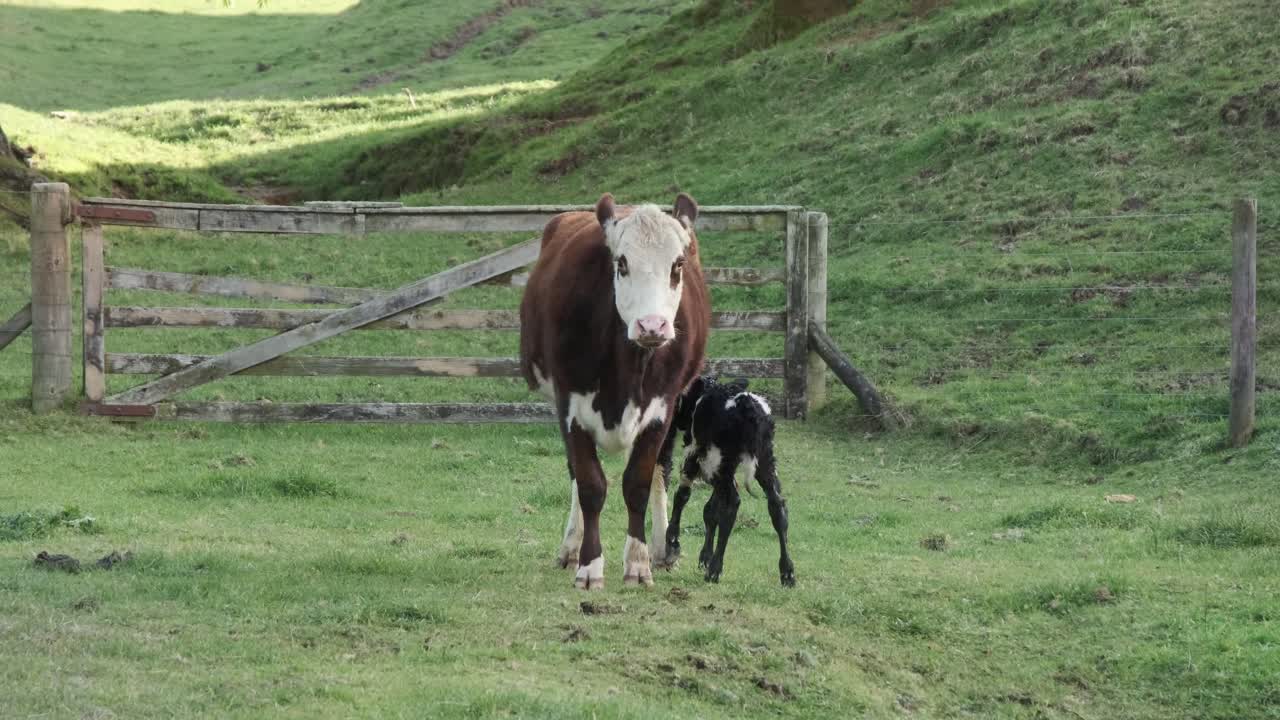 Recently born calf searching for food.