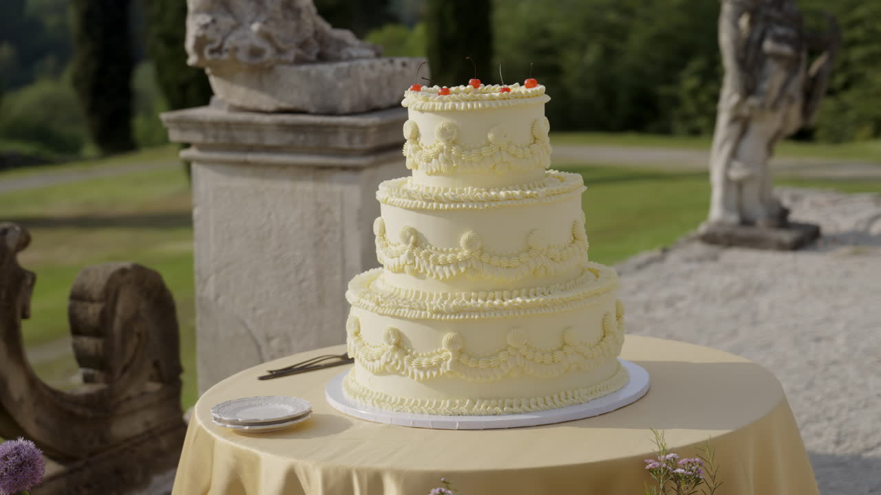 Bolo de Casamento de Três Andares em Cenário de Jardim