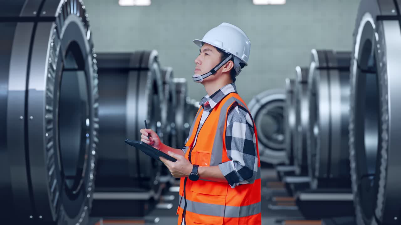 Side View Of Asian Male Engineer With Safety Helmet Taking Note On The Tablet And Looking Around While Standing In Metal Factory