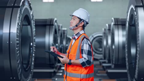 vista lateral de un ingeniero masculino asiático con casco de seguridad tomando nota en la tableta y mirando a su alrededor mientras está de pie en una fábrica de metal