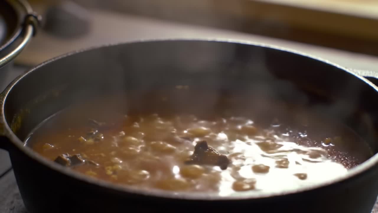 A Close-Up Look at a Simmering Pot of Delicious Stew, Capturing the Rich Textures and Flavors Emanating from the Steam Rising in the Cozy Kitchen Environment