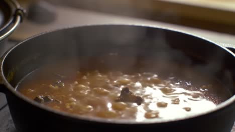a close-up look at a simmering pot of delicious stew, capturing the rich textures and flavors emanating from the steam rising in the cozy kitchen environment