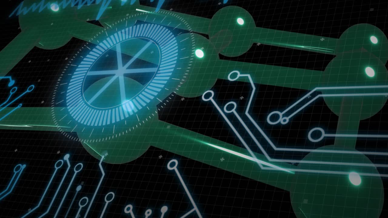 Blue HUD brightening and sweeping, holographic network pulsing, traces lighting, showing data flow
