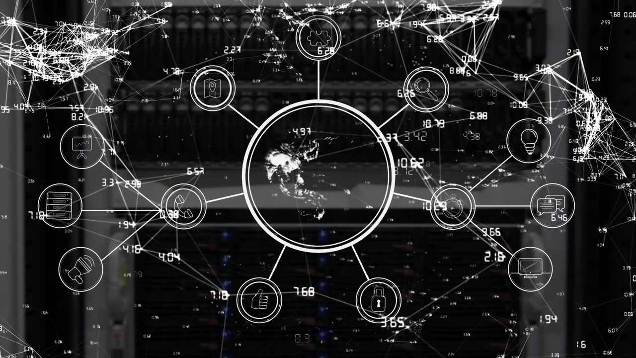 Animation of networks of connections and globe on black background